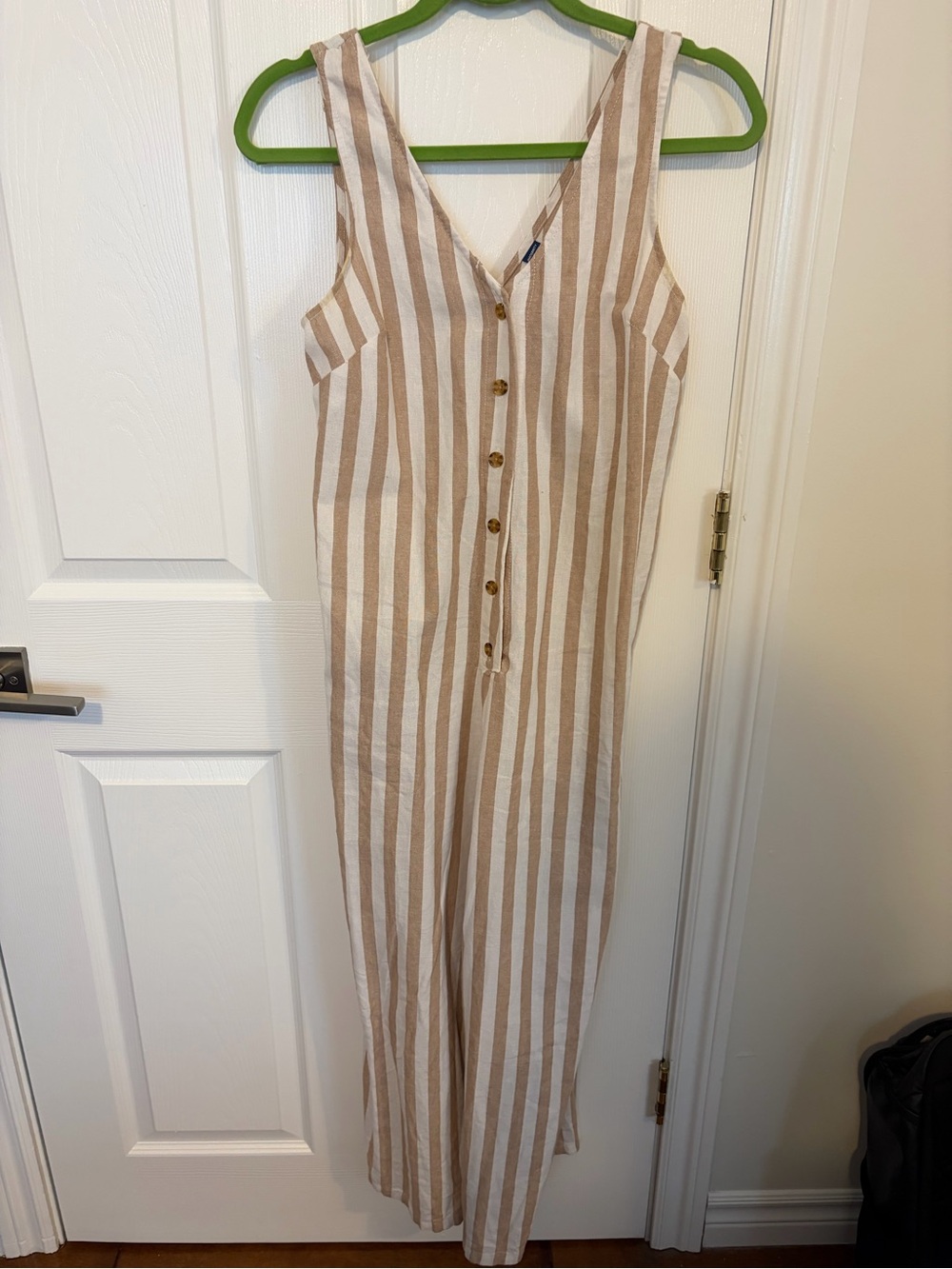 Old Navy Beige and White Striped Button-Front Jumpsuit